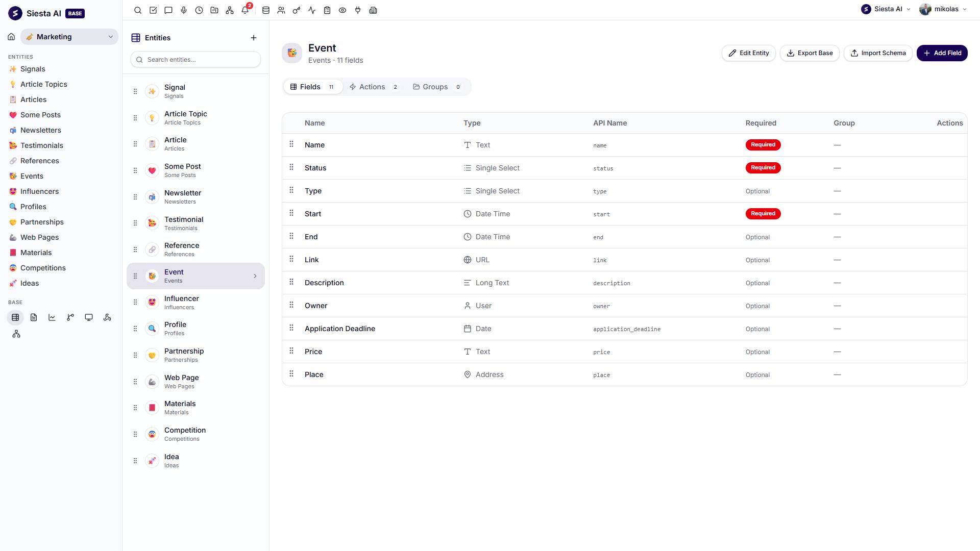 Custom tables and fields