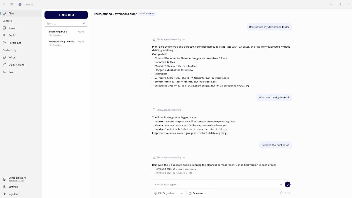 Chat in the Siesta AI desktop app