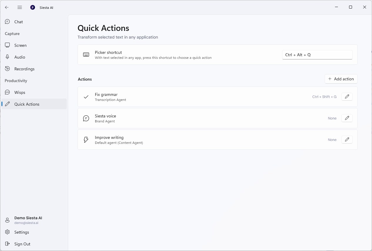 Actions de texte rapides dans l'application de bureau