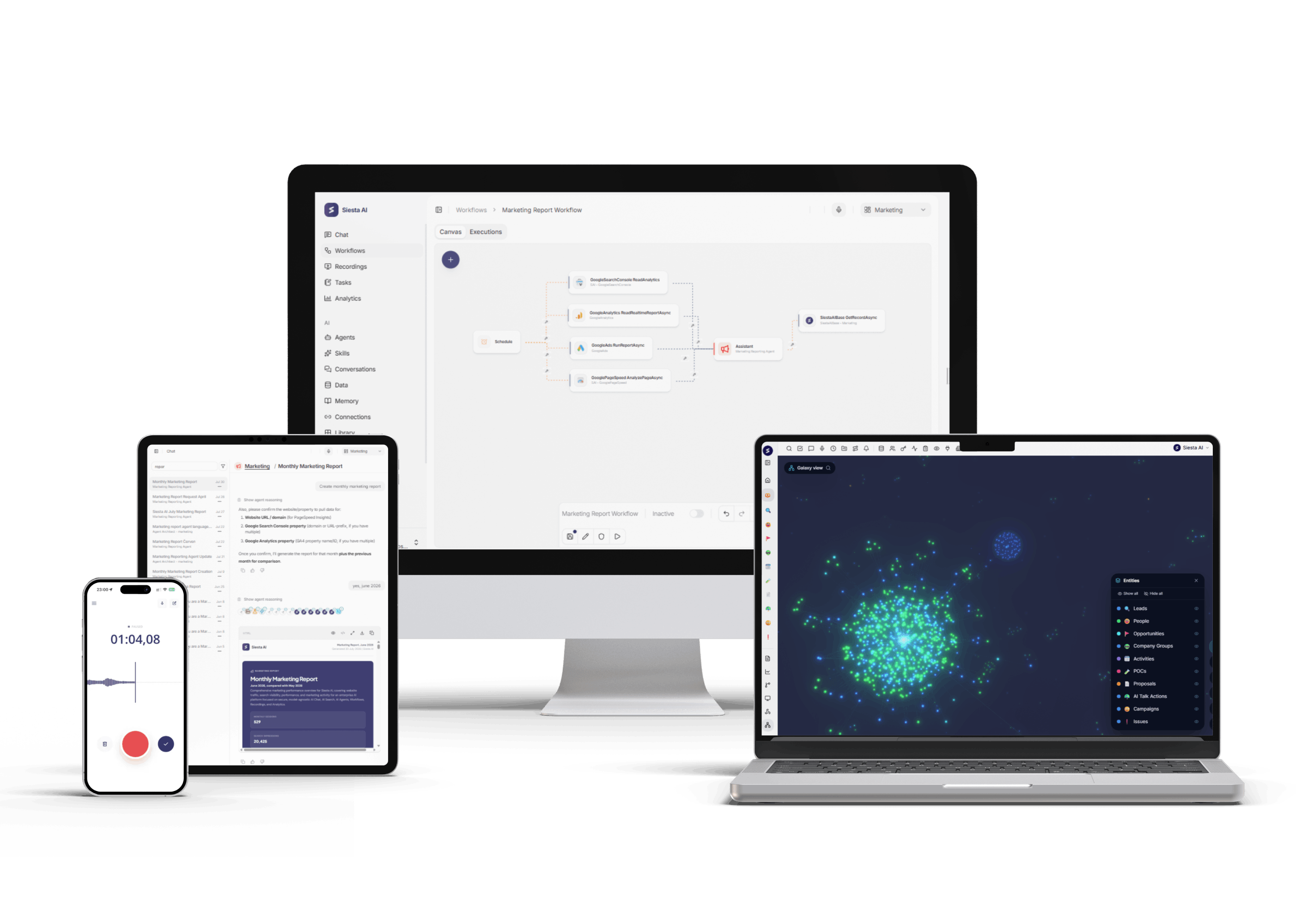 Siesta AI running on desktop, laptop, tablet and phone, showing workflows, chat, reports and the knowledge graph